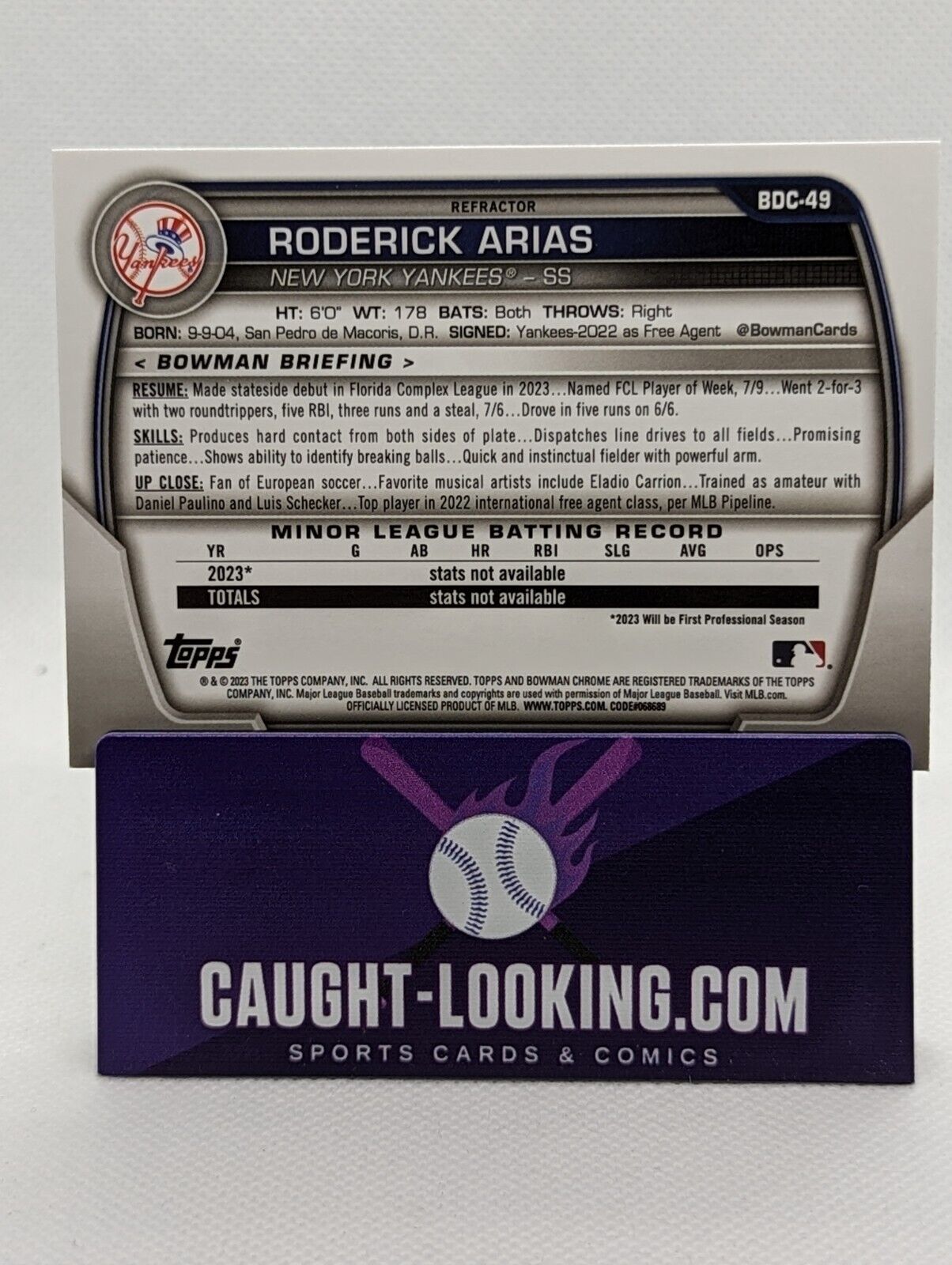 Roderick Arias - 2023 Bowman Draft Chrome #BDC-49 Refractor Yankees Prospect
