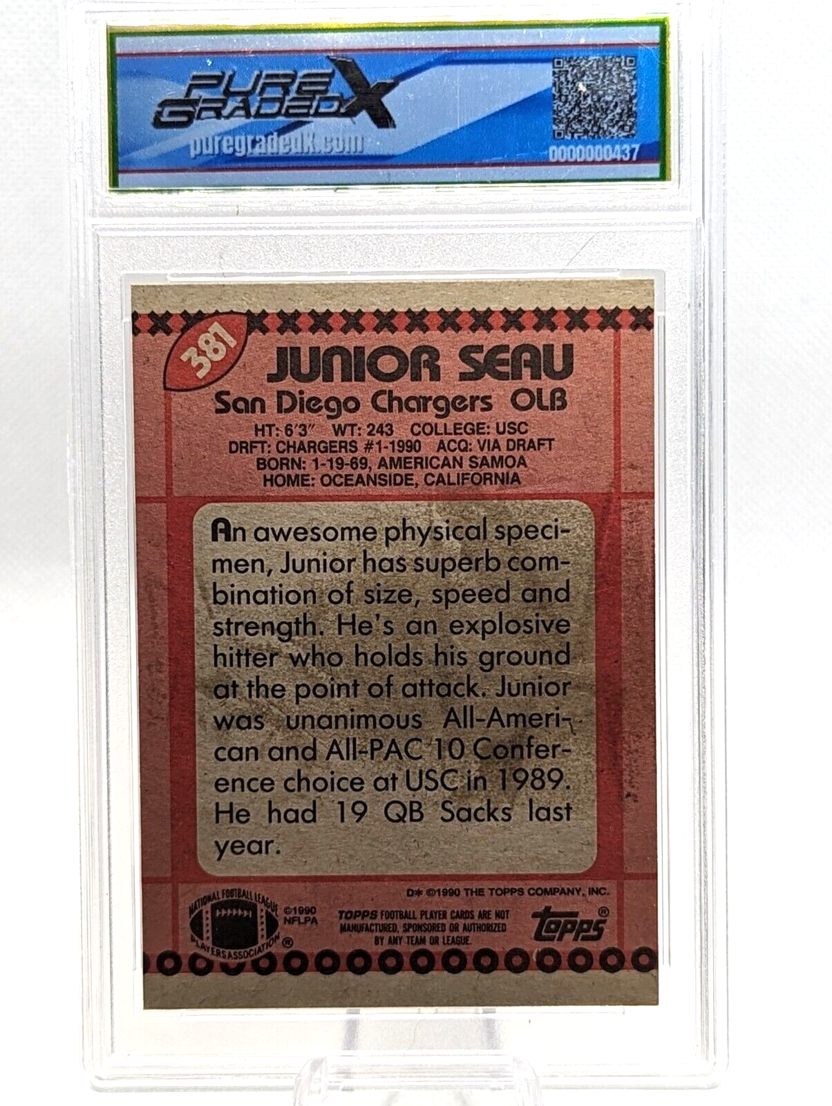 Junior Seau #381 [Rookie] 1990 Topps Graded 9 