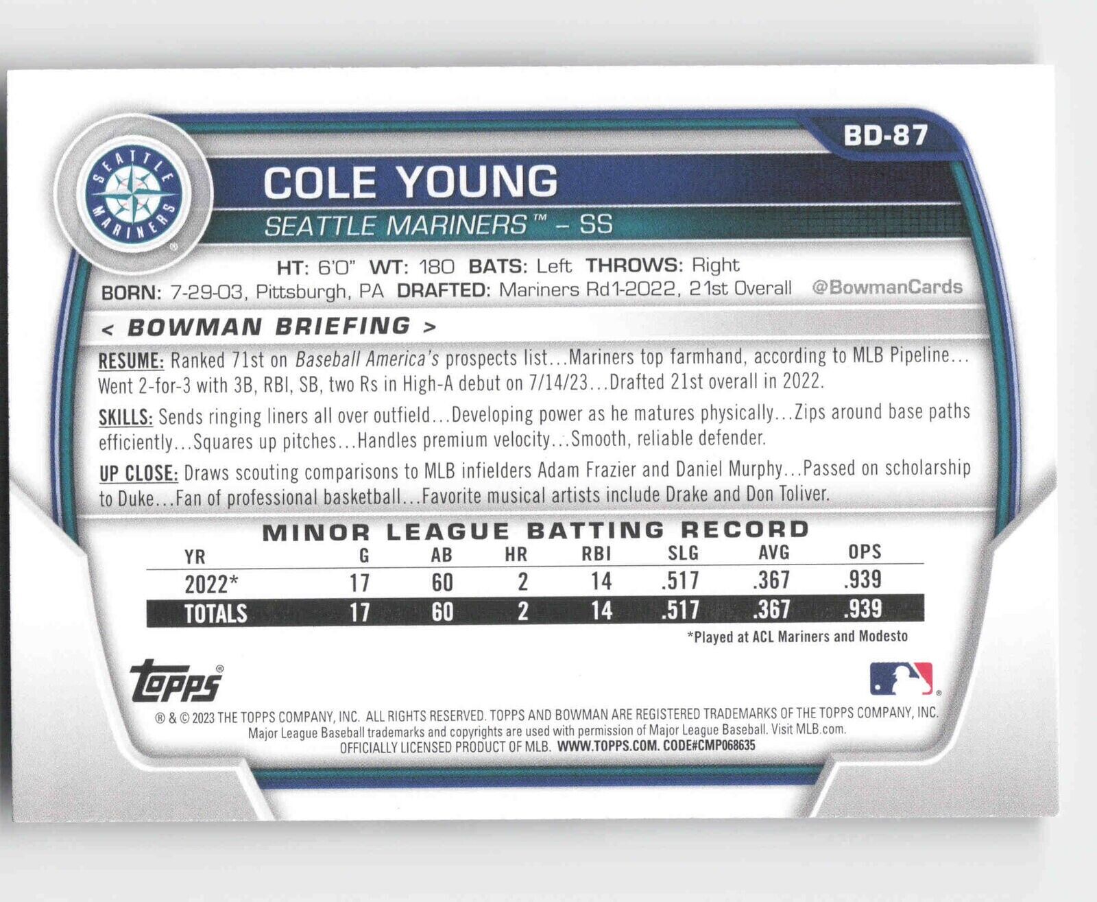 Cole Young 2023 Bowman Draft #BD87 Mariners Prospect