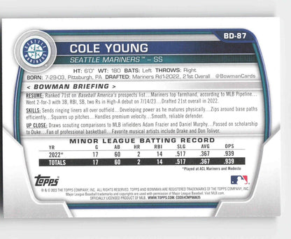 Cole Young 2023 Bowman Draft #BD87 Mariners Prospect