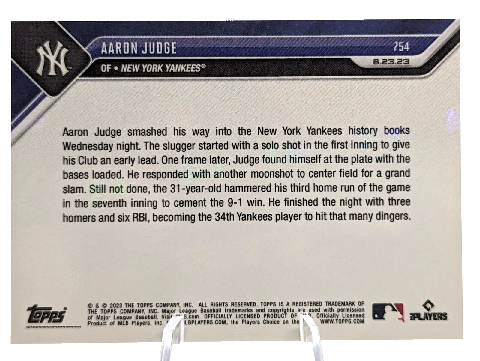 Aaron Judge 3 Home Runs 34th Yankees History 2023 MLB TOPPS NOW Card 754