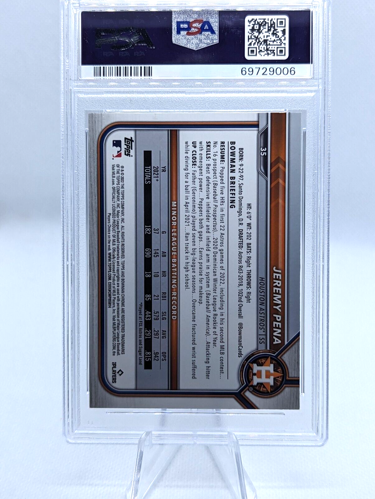 Jeremy Pena PSA 9 2022 Bowman Chrome Rookie #35 RC Rookie