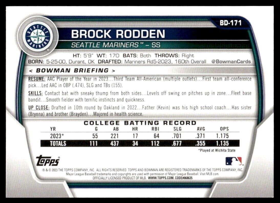 Brock Rodden 2023 Bowman Draft #BD-171 1st Seattle Mariners Baseball Card