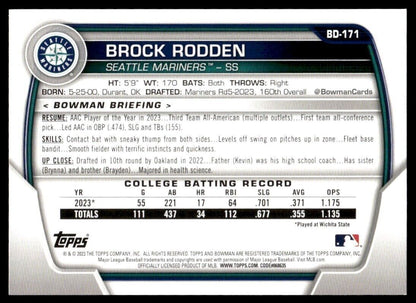 Brock Rodden 2023 Bowman Draft #BD-171 1st Seattle Mariners Baseball Card