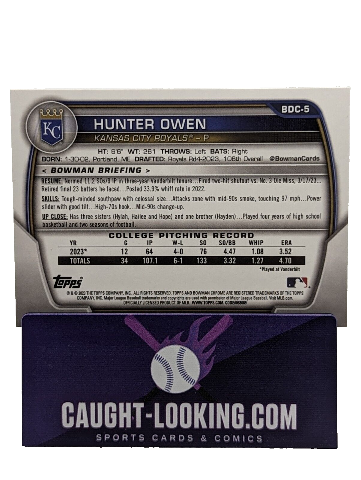 Hunter Owen - 2023 Bowman Chrome Draft #BDC-5 Kansas City Royals Prospect