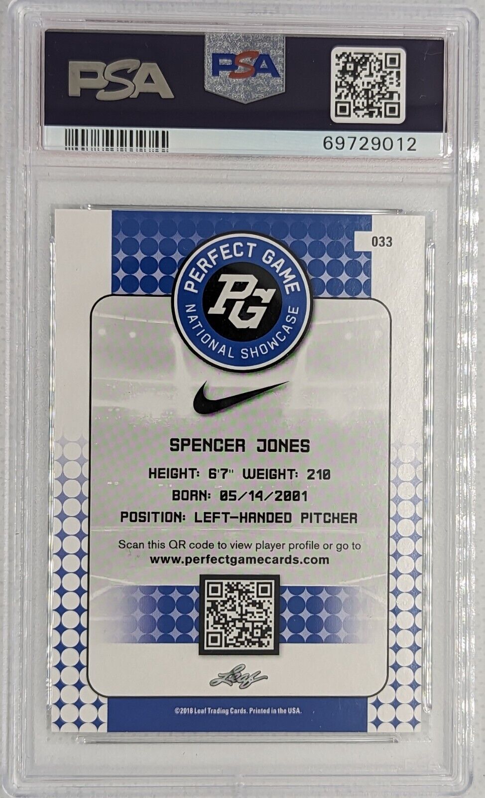 Spencer Jones PSA 9 2018 Leaf Perfect Game Nation Showcase Silver #33 Yankees 