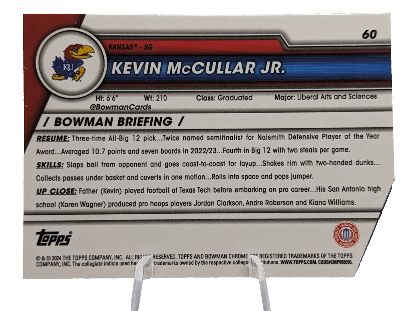 2023-24 Bowman Chrome U Sapphire Kevin McCullar Jr #60 Kansas