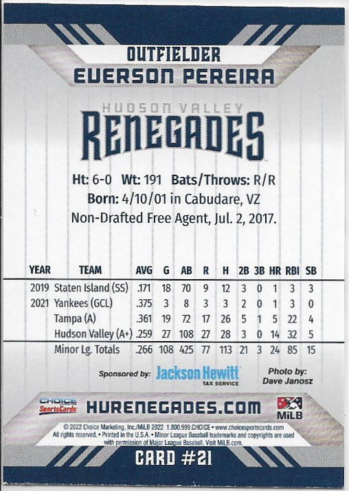 Everson Pereira - 2022 Hudson Valley Renegades RC Rookie Yankees Minor League