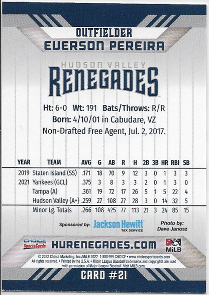 Everson Pereira - 2022 Hudson Valley Renegades RC Rookie Yankees Minor League