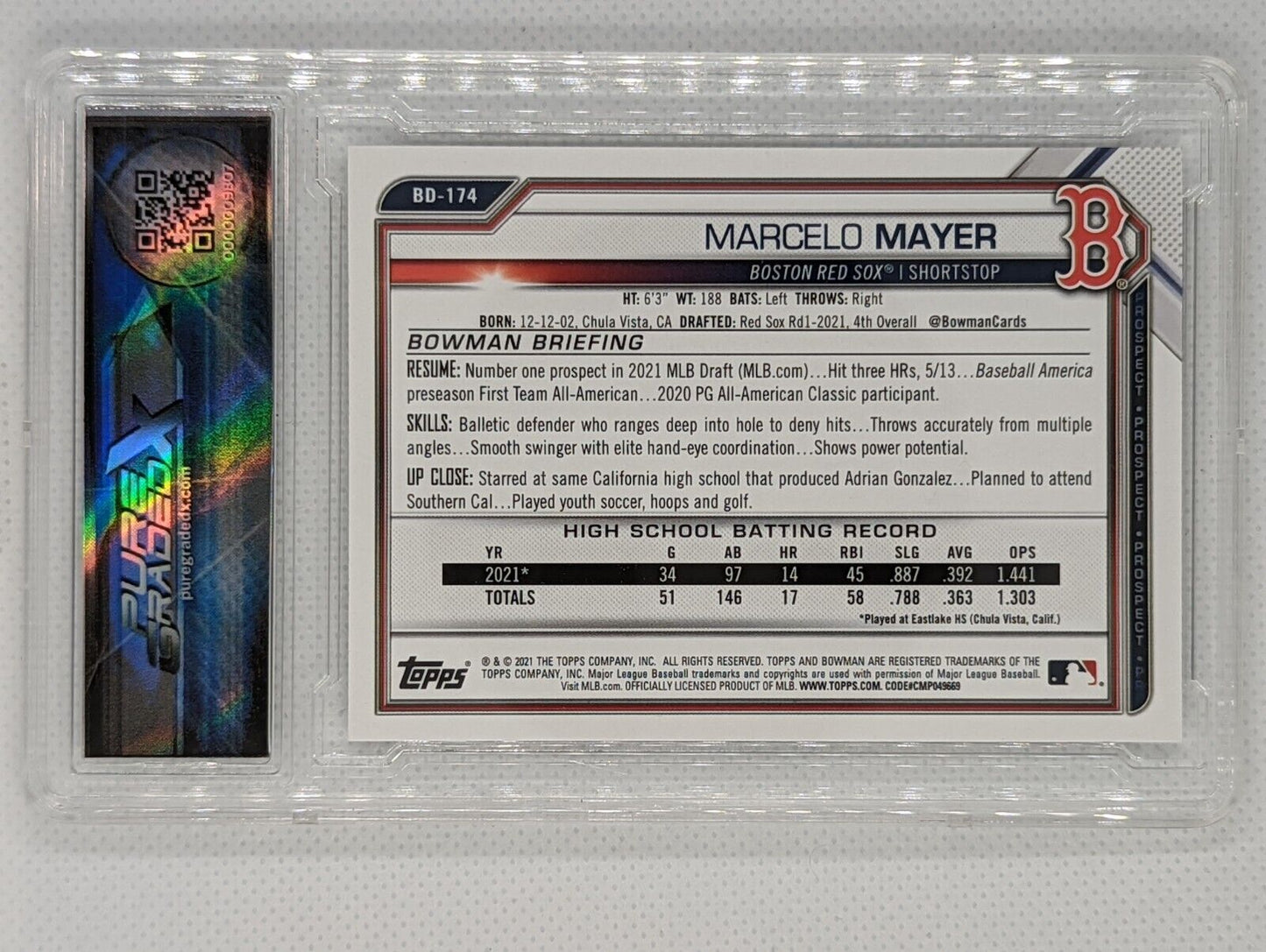 Marcelo Mayer BD-174 2021 Bowman Draft 1ST Prospect Boston Red Sox Graded 10