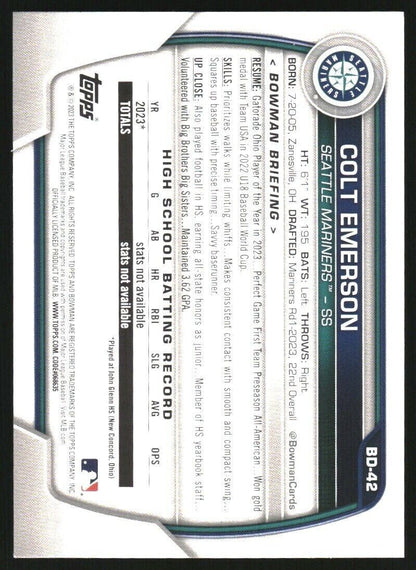 Colt Emerson 2023 Bowman Draft #BD42 Seattle Mariners Prospect 1st