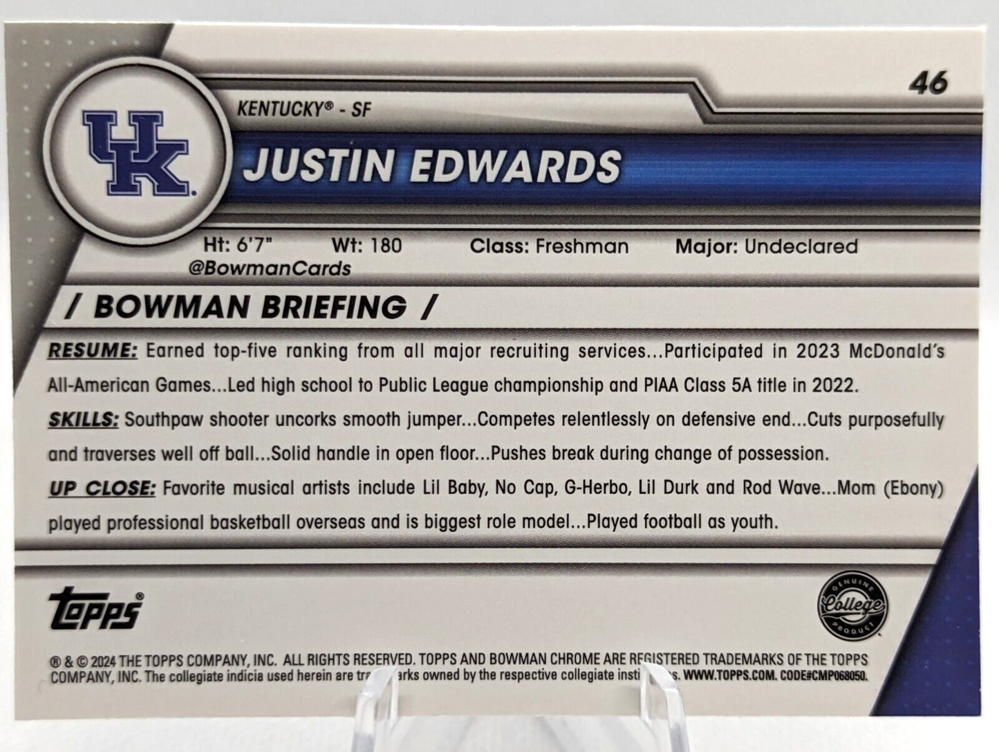 2023-24 Bowman Chrome U Sapphire Justin Edwards #46 Kentucky