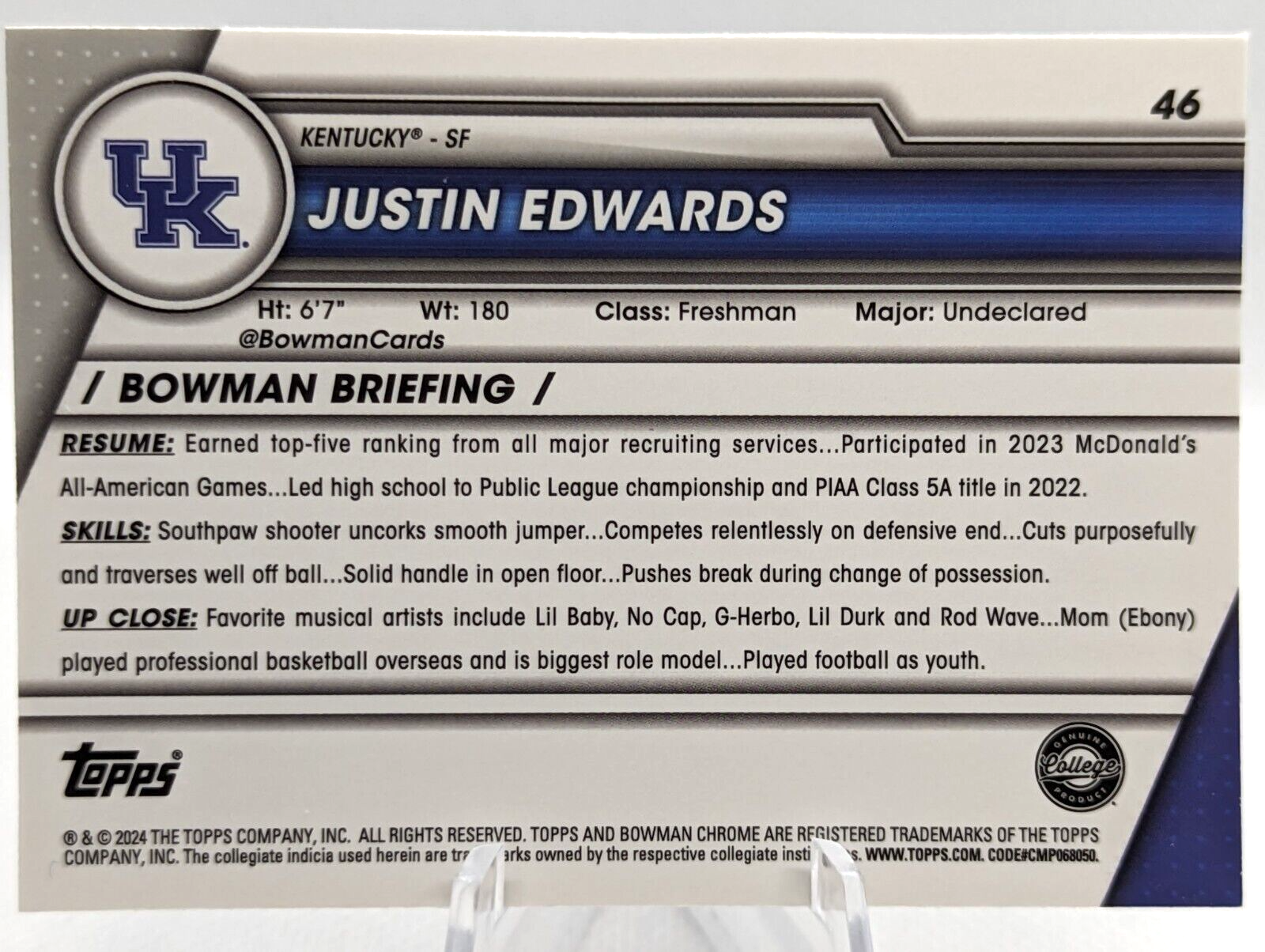 2023-24 Bowman Chrome U Sapphire Justin Edwards #46 Kentucky