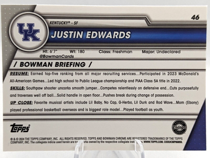2023-24 Bowman Chrome U Sapphire Justin Edwards #46 Kentucky