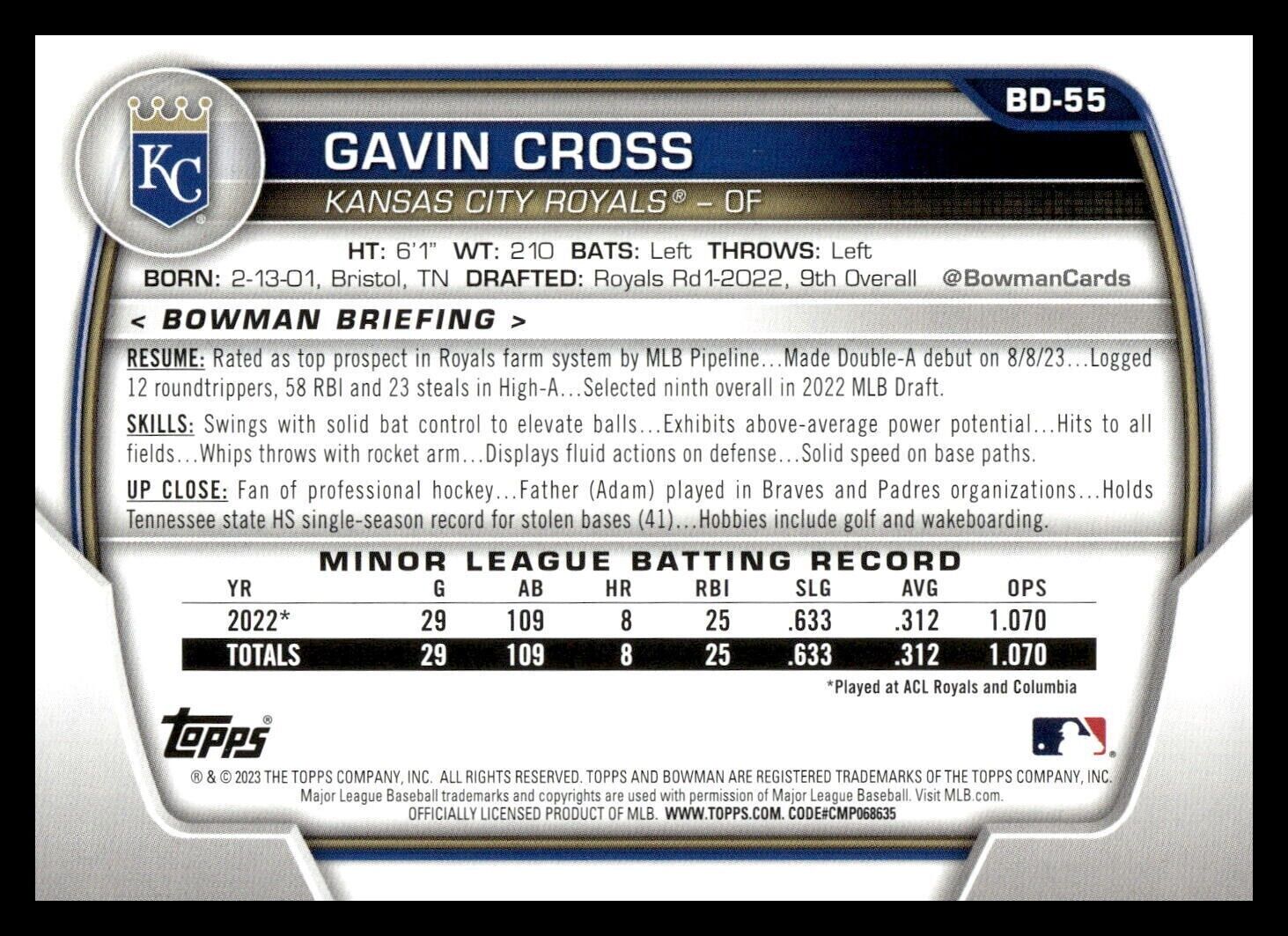 2023 Bowman Draft  #BD-55 Gavin Cross Kansas City Royals Baseball Card