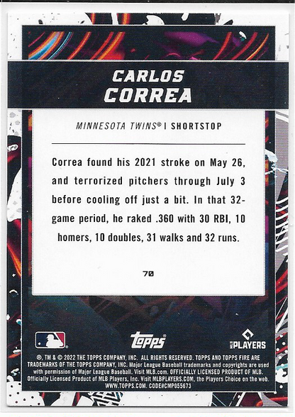 Carlos Correa [Gold Minted] #70 2022 Topps Fire Minnesota Twins