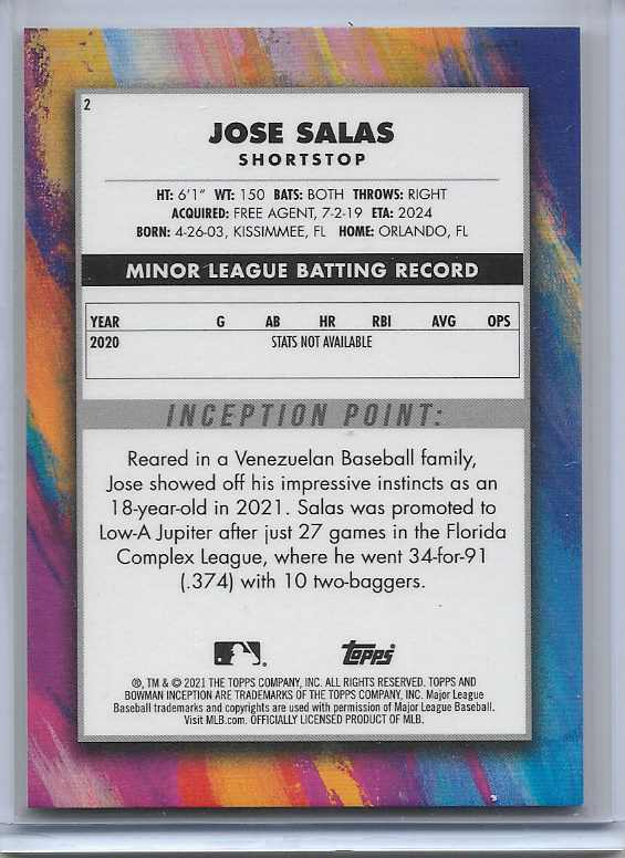 Jose Salas #2 2021 Bowman Inception Miami Marlins