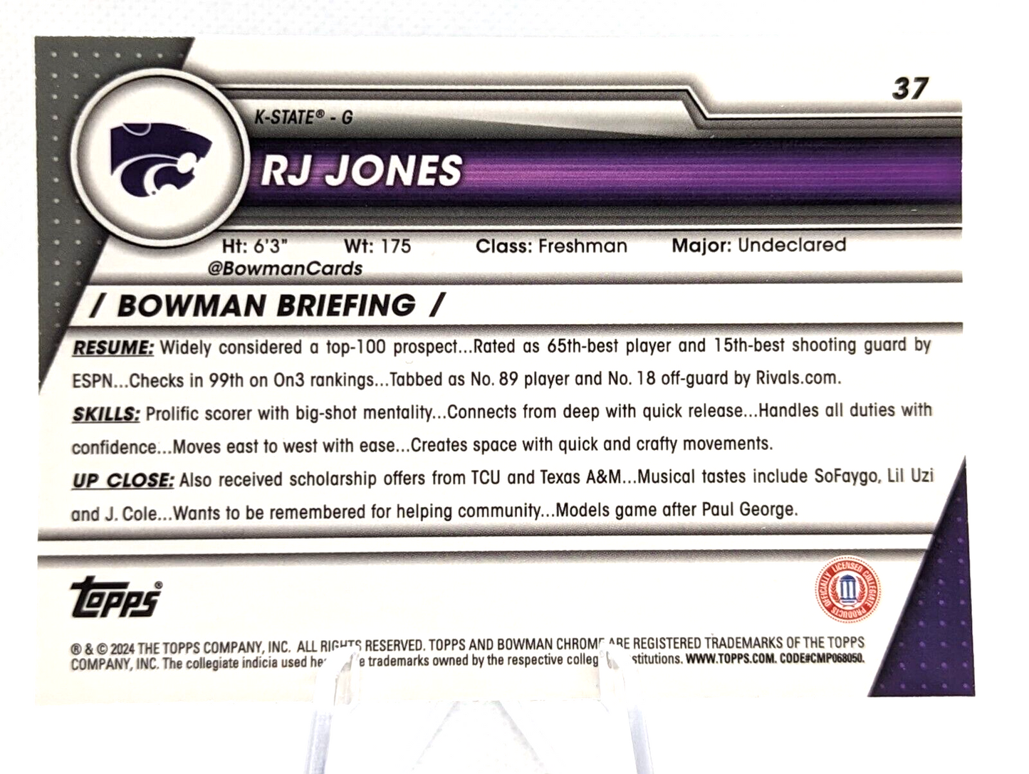 2023-24 Bowman Chrome U Sapphire RJ Jones #37 K-State 1st