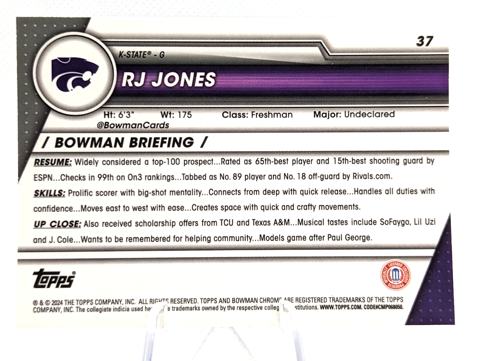 2023-24 Bowman Chrome U Sapphire RJ Jones #37 K-State 1st