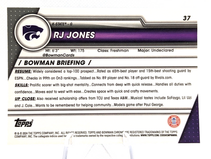 2023-24 Bowman Chrome U Sapphire RJ Jones #37 K-State 1st
