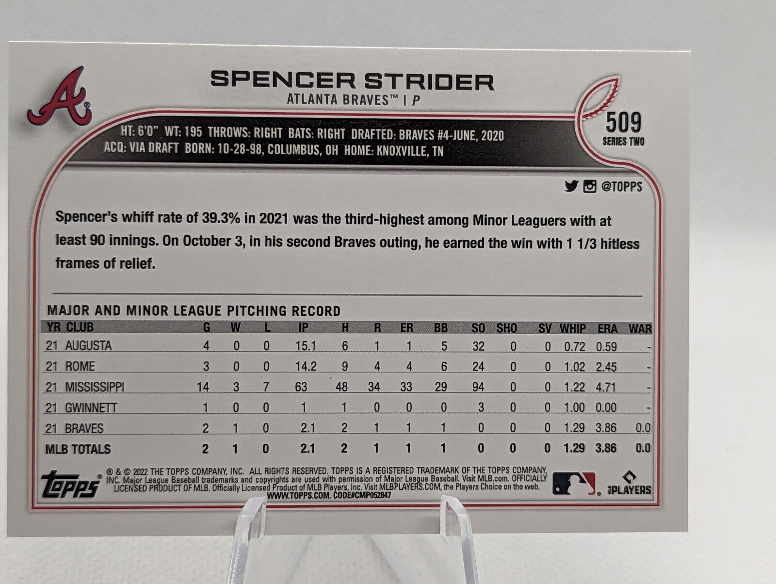 Spencer Strider #509 [Rookie] 2022 Topps Atlanta Braves