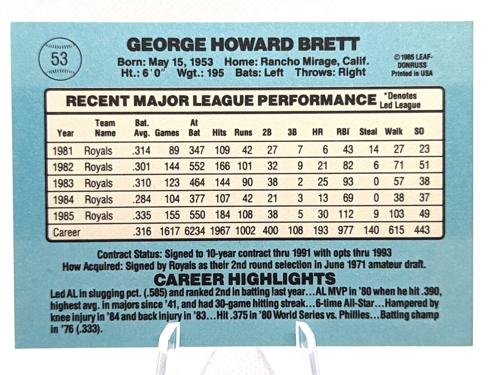 1986 Donruss George Brett #53 Kansas City Royals HOF - Free Shipping