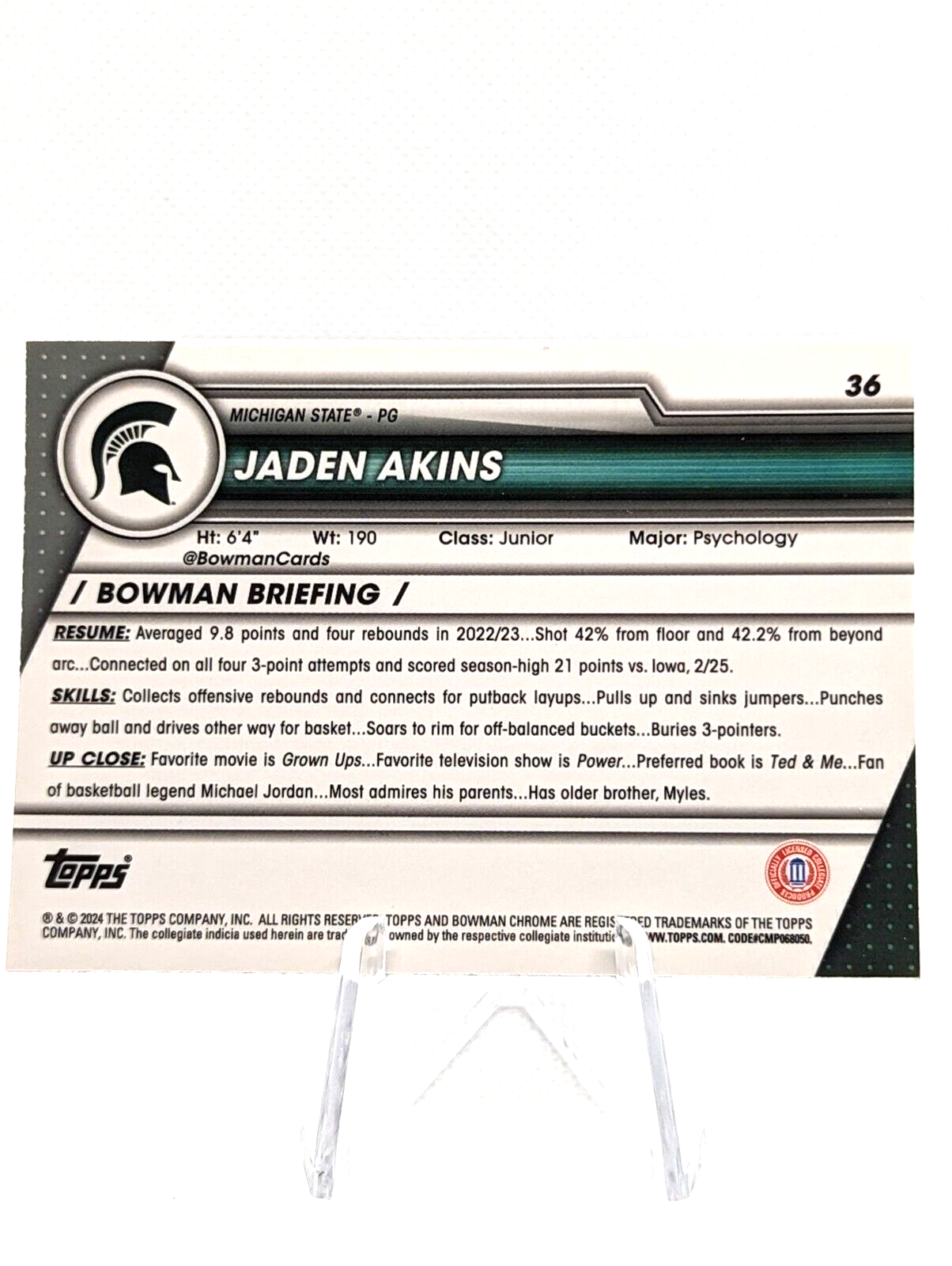 2023-24 Bowman Chrome U Sapphire Jaden Akins 1st #36 Michigan State