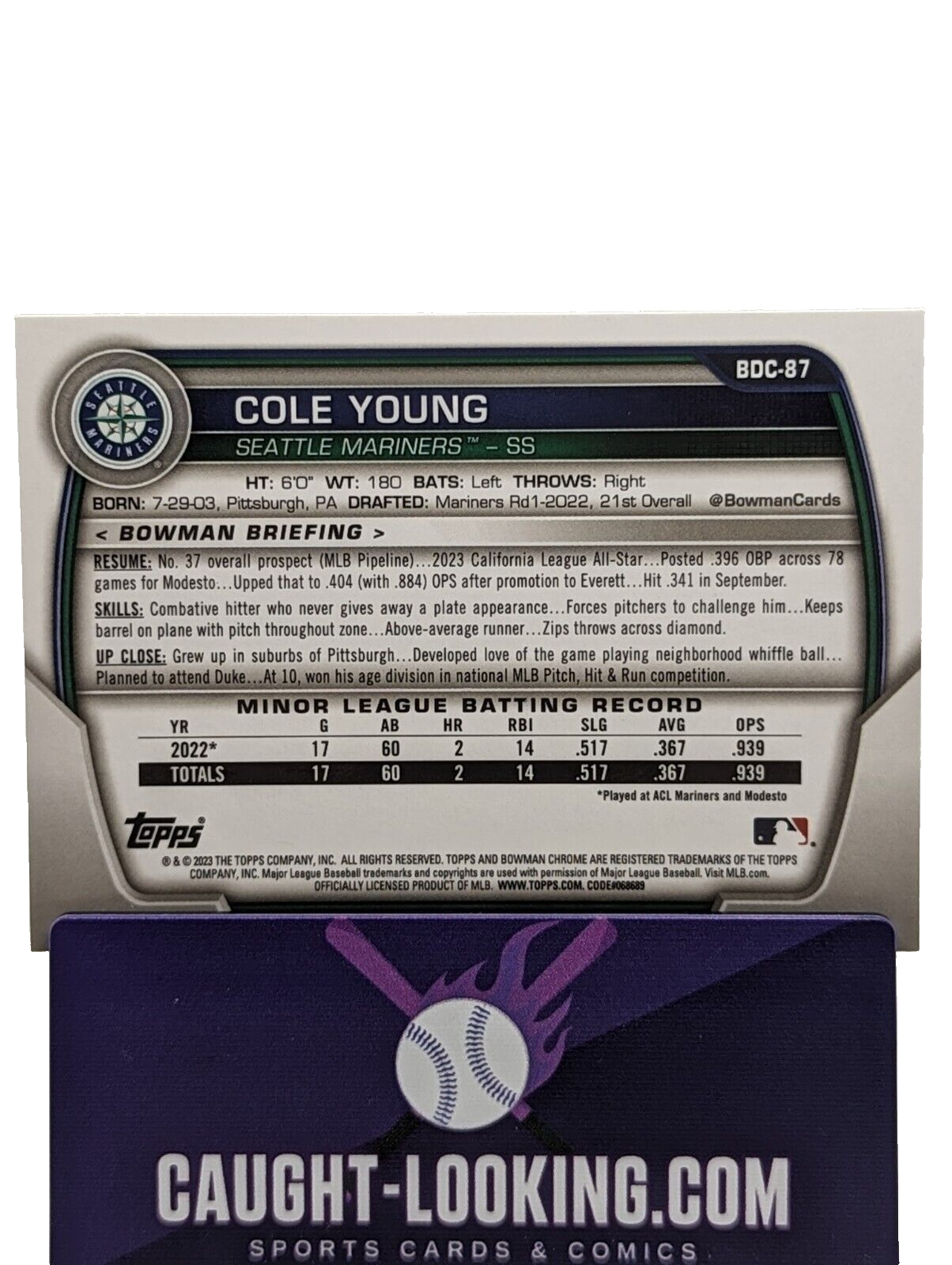 Cole Young - 2023 Bowman Chrome Draft #BDC-87 Seattle Mariners Prospect