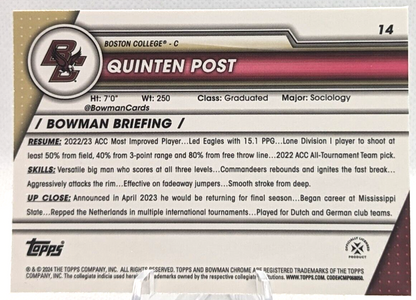 2023-24 Bowman Chrome U Sapphire Quinten Post #14 1st Boston College