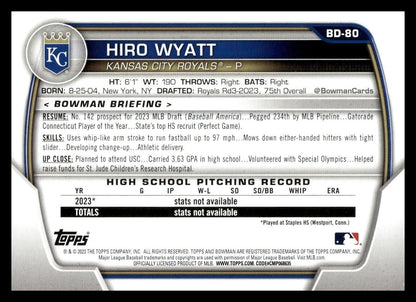 2023 Bowman Draft #BD-80 Hiro Wyatt Kansas City Royals 1st Baseball Card