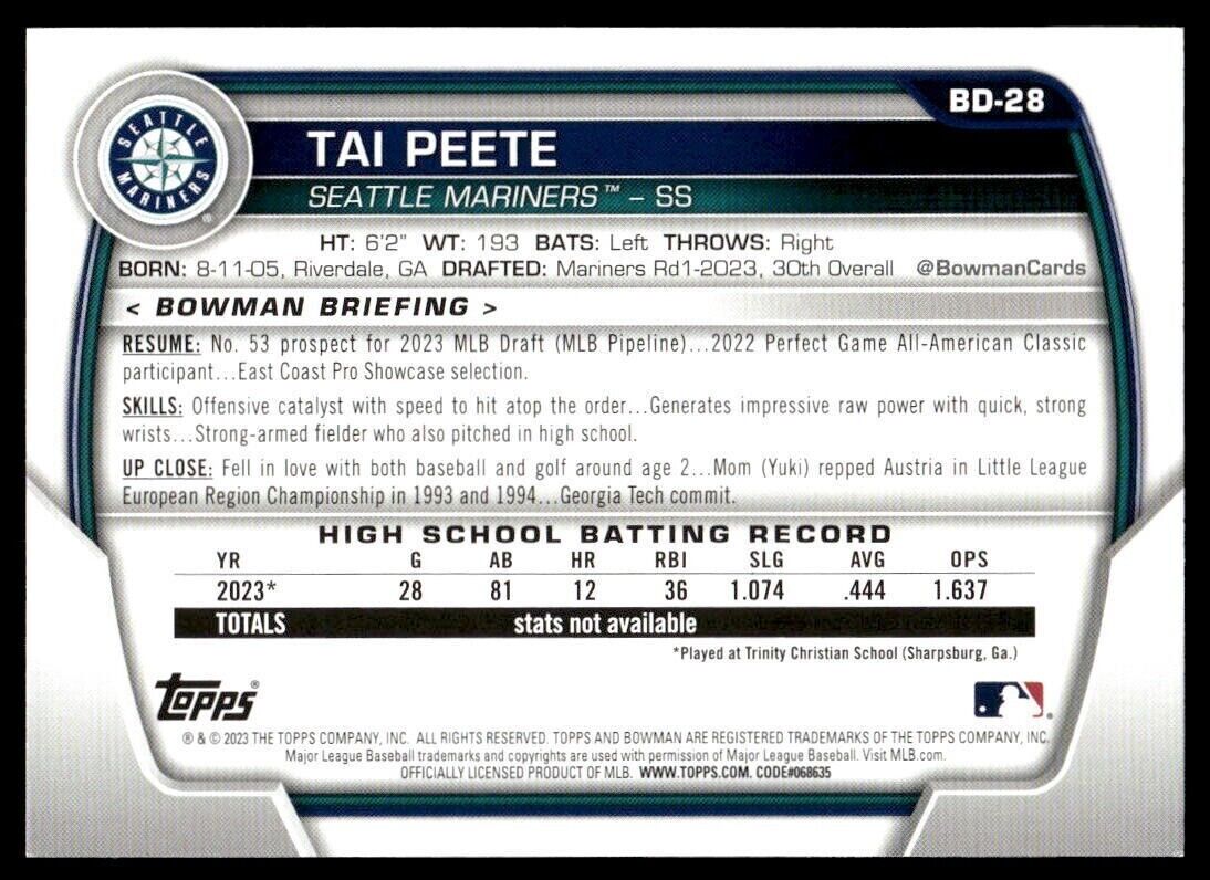 Tai Peete 2023 Bowman Draft #BD-28 Seattle Mariners Baseball Card 1st