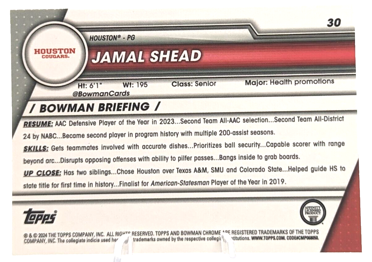 2023-24 Bowman Chrome U Sapphire Jamal Shead #30 1st Houston Cougars