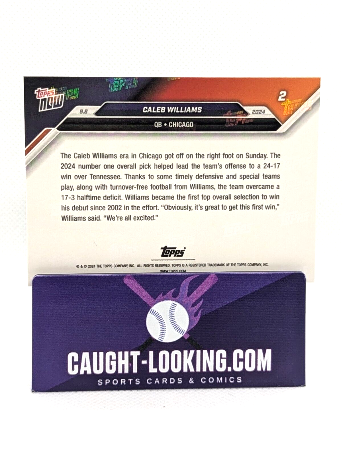 Caleb Williams - 2024 TOPPS NOW Football Card #2 RC - 1st WIN Debut