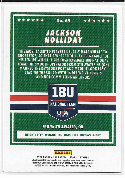 Jackson Holliday #69 2022 Panini Stars & Stripes USA - 1st Overall Draft Pick
