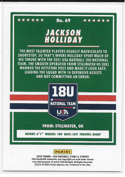 Jackson Holliday #69 2022 Panini Stars & Stripes USA - 1st Overall Draft Pick