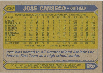 Jose Canseco #620 1987 Topps All-Star Rookie - Oakland Athletics