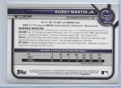Robby Martin Jr Sky Blue Foil #BPPF-43 2022 Bowman 1st Edition Rockies