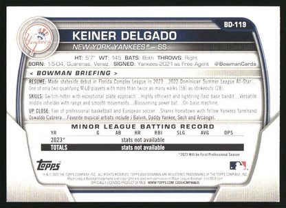 2023 Bowman Draft #BD119 Keiner Delgado New York Yankees Baseball Card