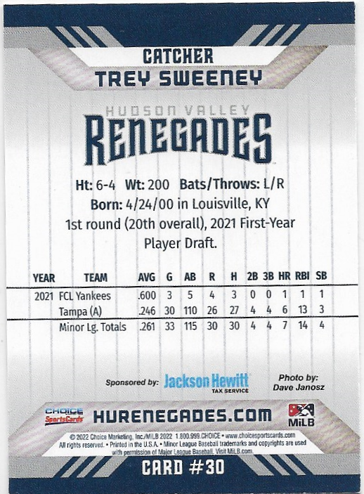 Trey Sweeney - 2022 Hudson Valley Renegades RC Rookie Yankees Minor League