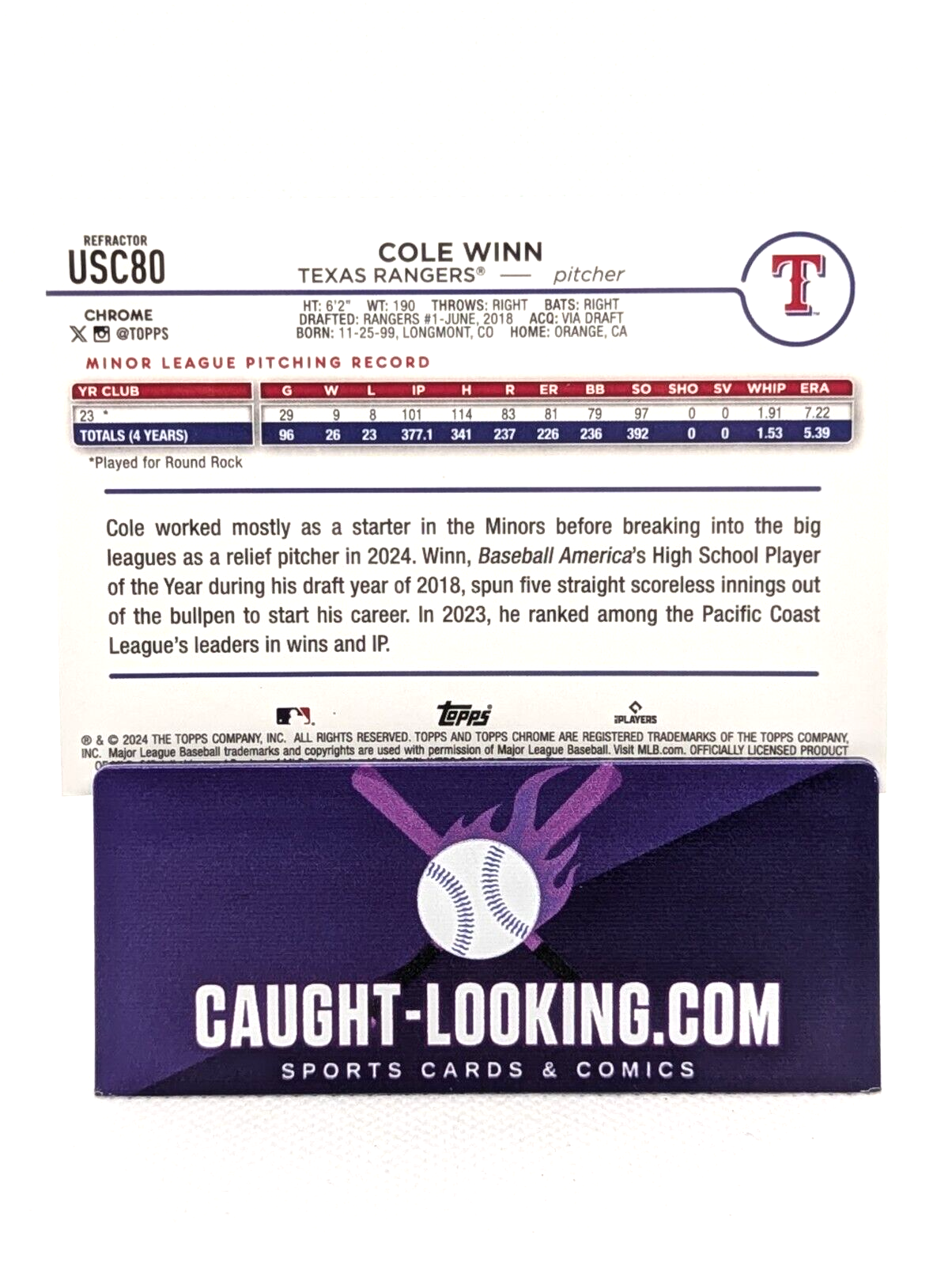 Cole Winn - 2024 Topps Chrome Update Series Rookie Card #USC80 Texas Rangers