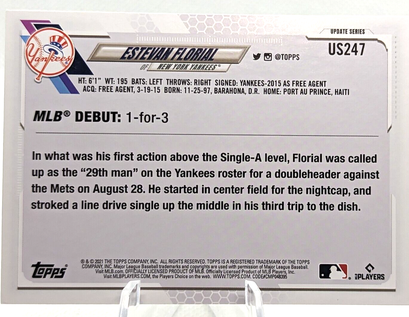 Estevan Florial #US247 [Rookie] 2021 Topps Update NY Yankees RC