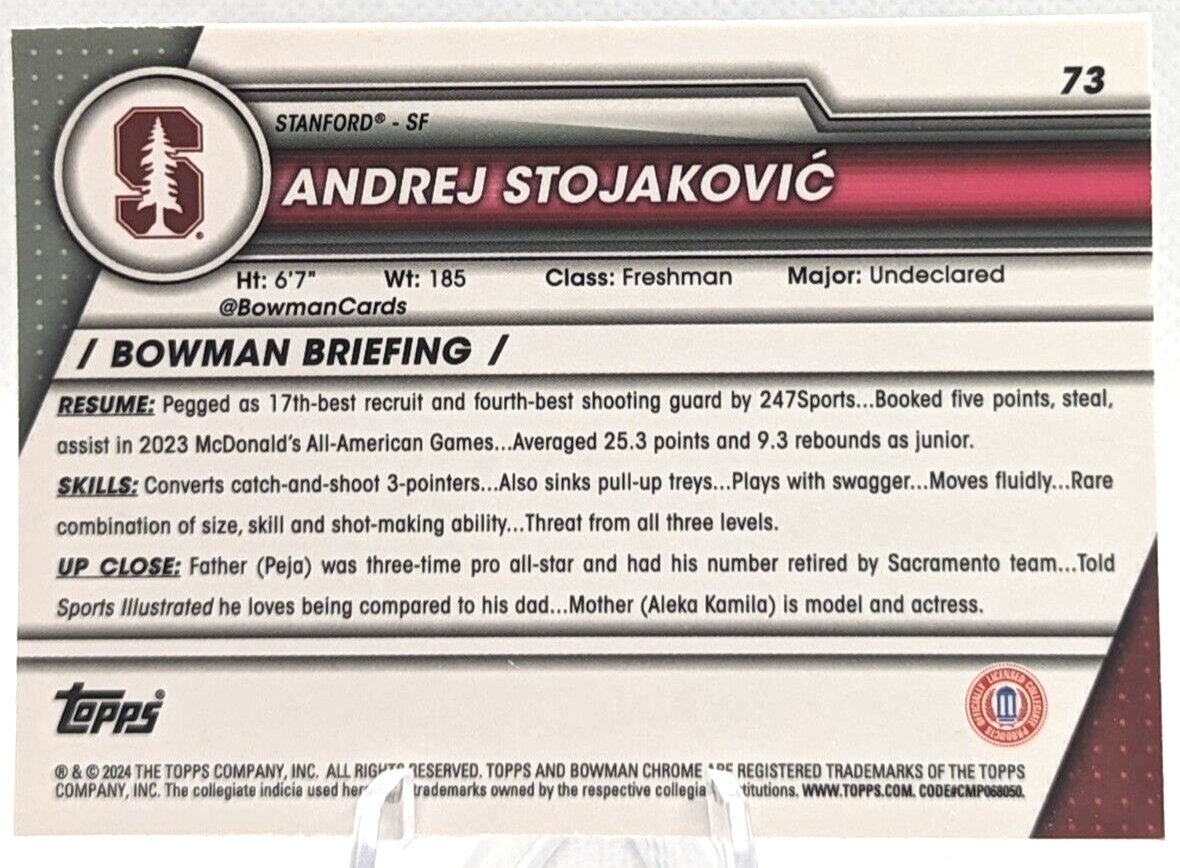 2023-24 Bowman Chrome U Sapphire Andrej Stojakovic #70 1st Stanford