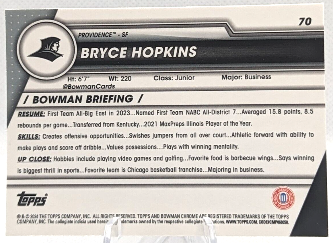 2023-24 Bowman Chrome U Sapphire Bryce Hopkins #70 1st Providence