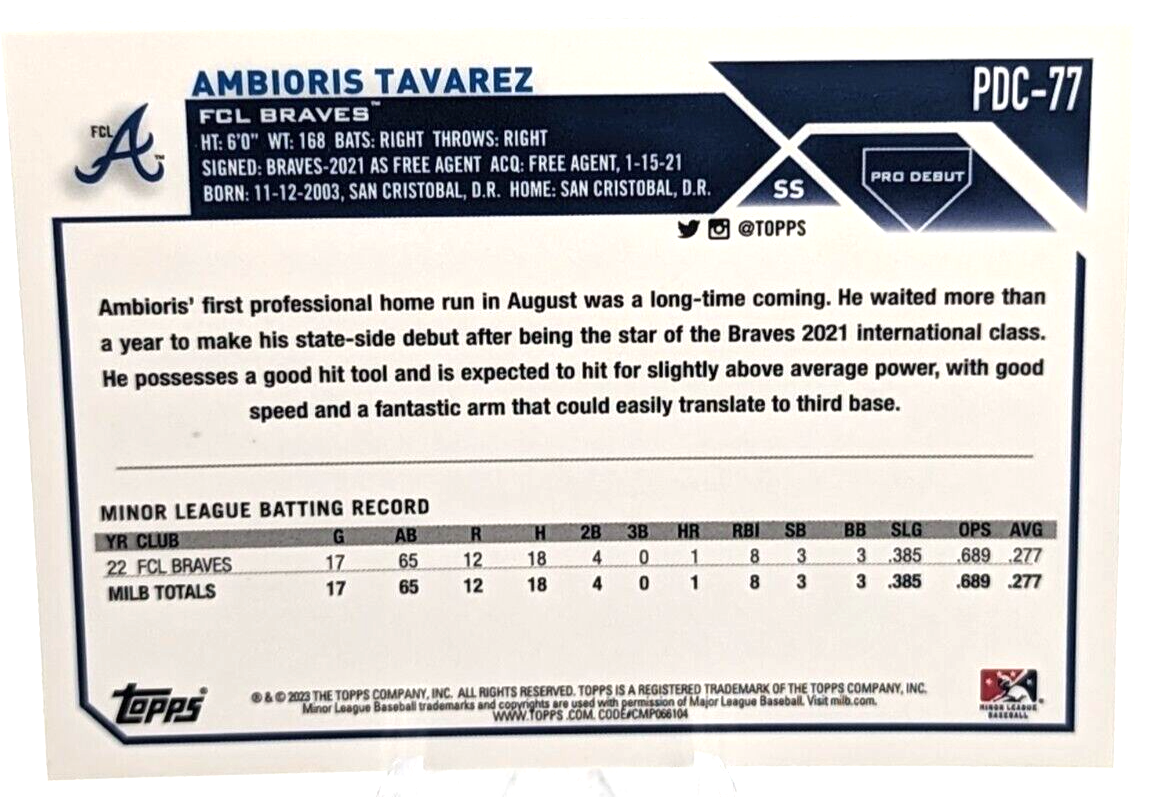 Ambioris Tavarez - 2023 Topps Pro Debut Chrome #PDC-77 FCL Braves Baseball Card