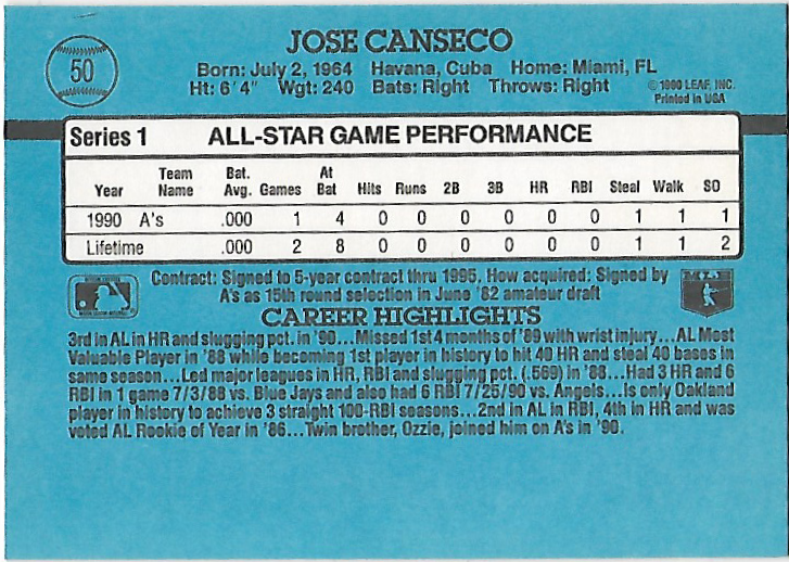Jose Canseco #50 1991 Donruss All-Star Oakland Athletics