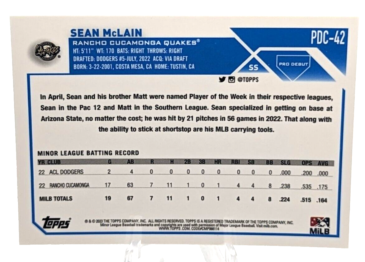 Sean McLain - 2023 Topps Pro Debut Chrome #PDC-42 Rancho Cucamonga Quakes