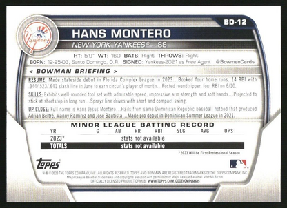 2023 Bowman Draft #BD12 Hans Montero New York Yankees Baseball Card