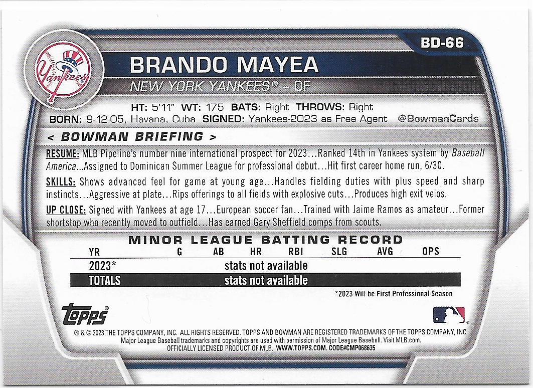 2023 Bowman Draft #BD-66 Brandon Mayea New York Yankees