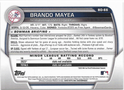 2023 Bowman Draft #BD-66 Brandon Mayea New York Yankees