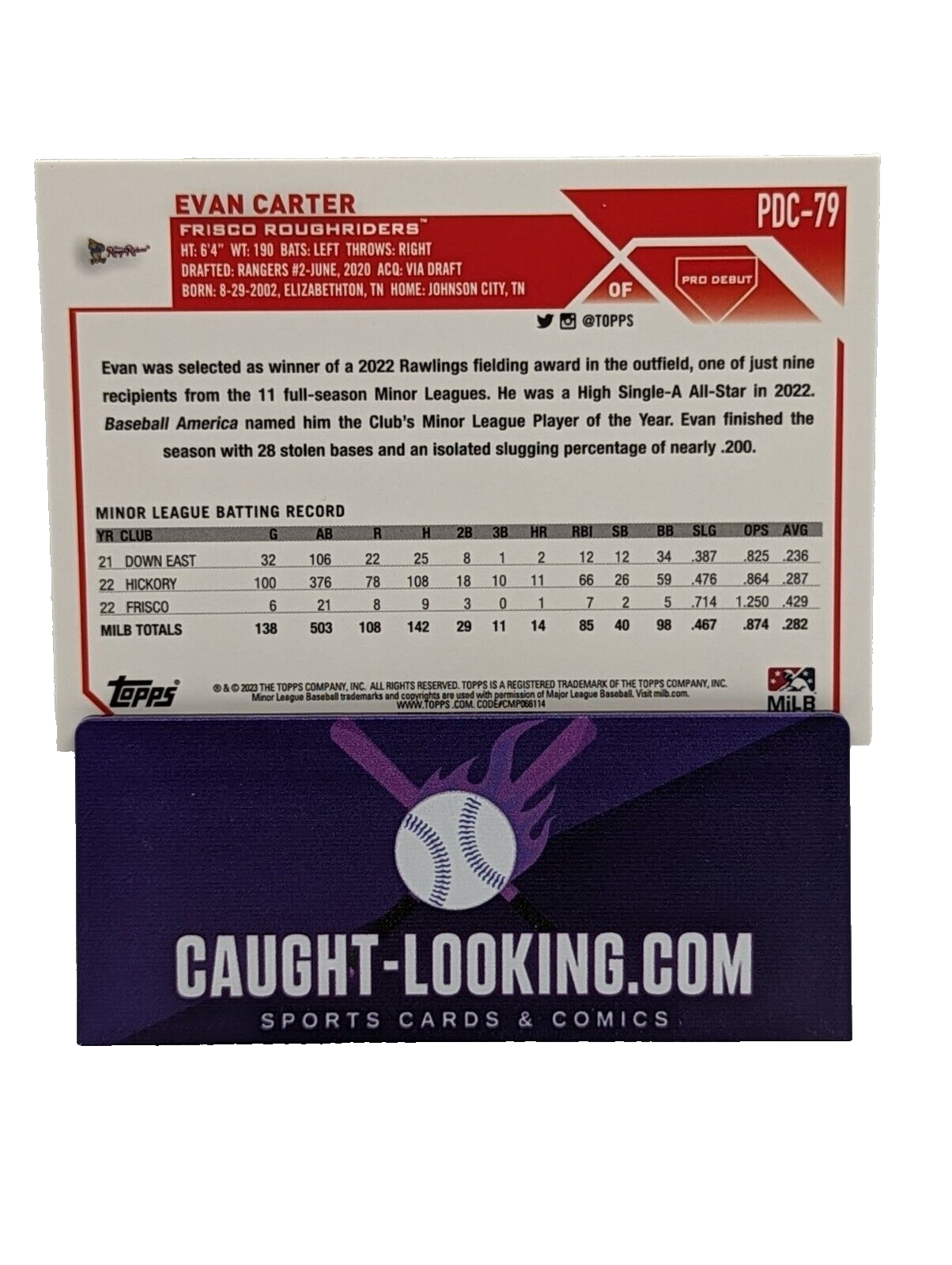 2023 Topps Pro Debut Evan Carter #PDC-79  Prospect Roughriders Rangers